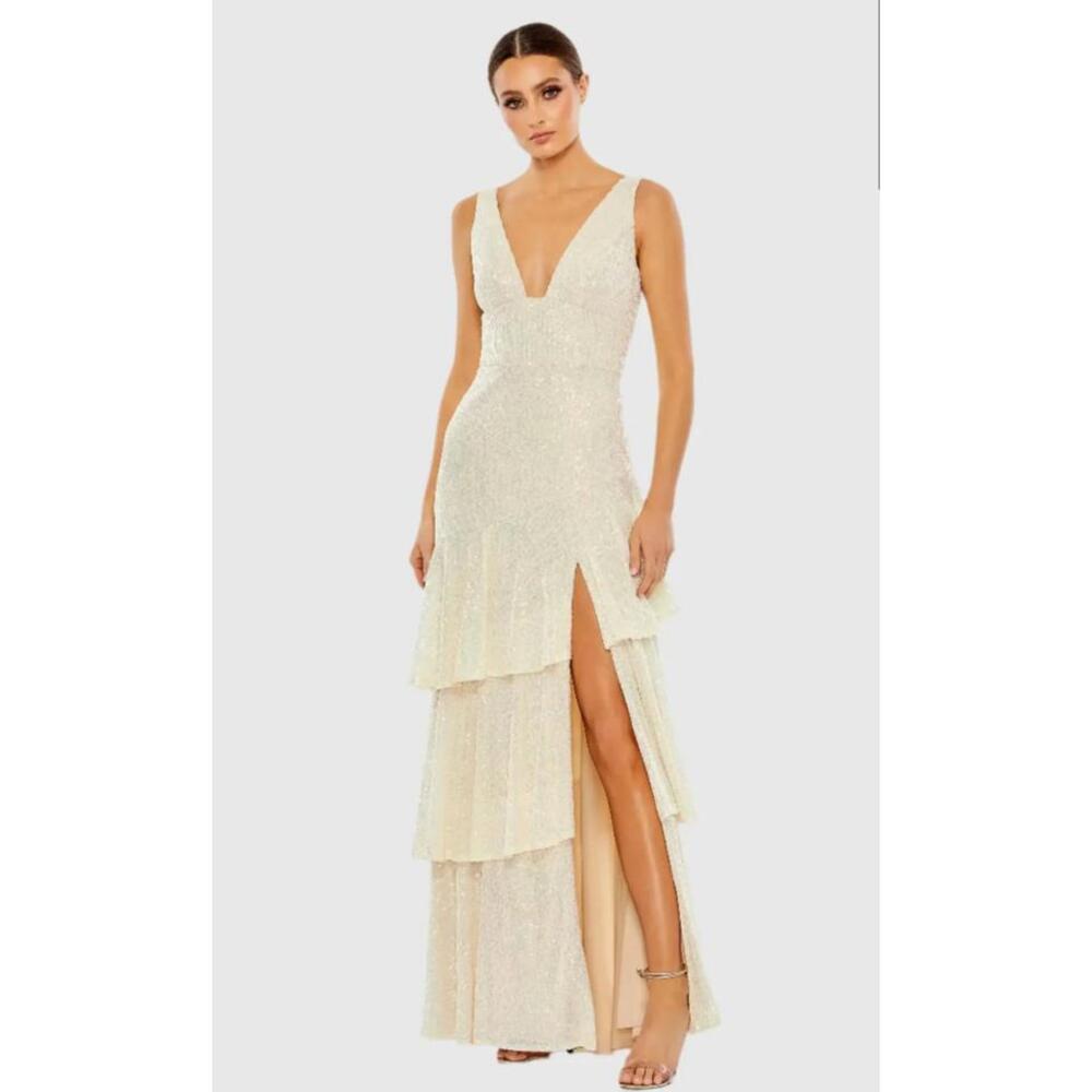 Mac Duggal Champagne Sequin Tiered Gown